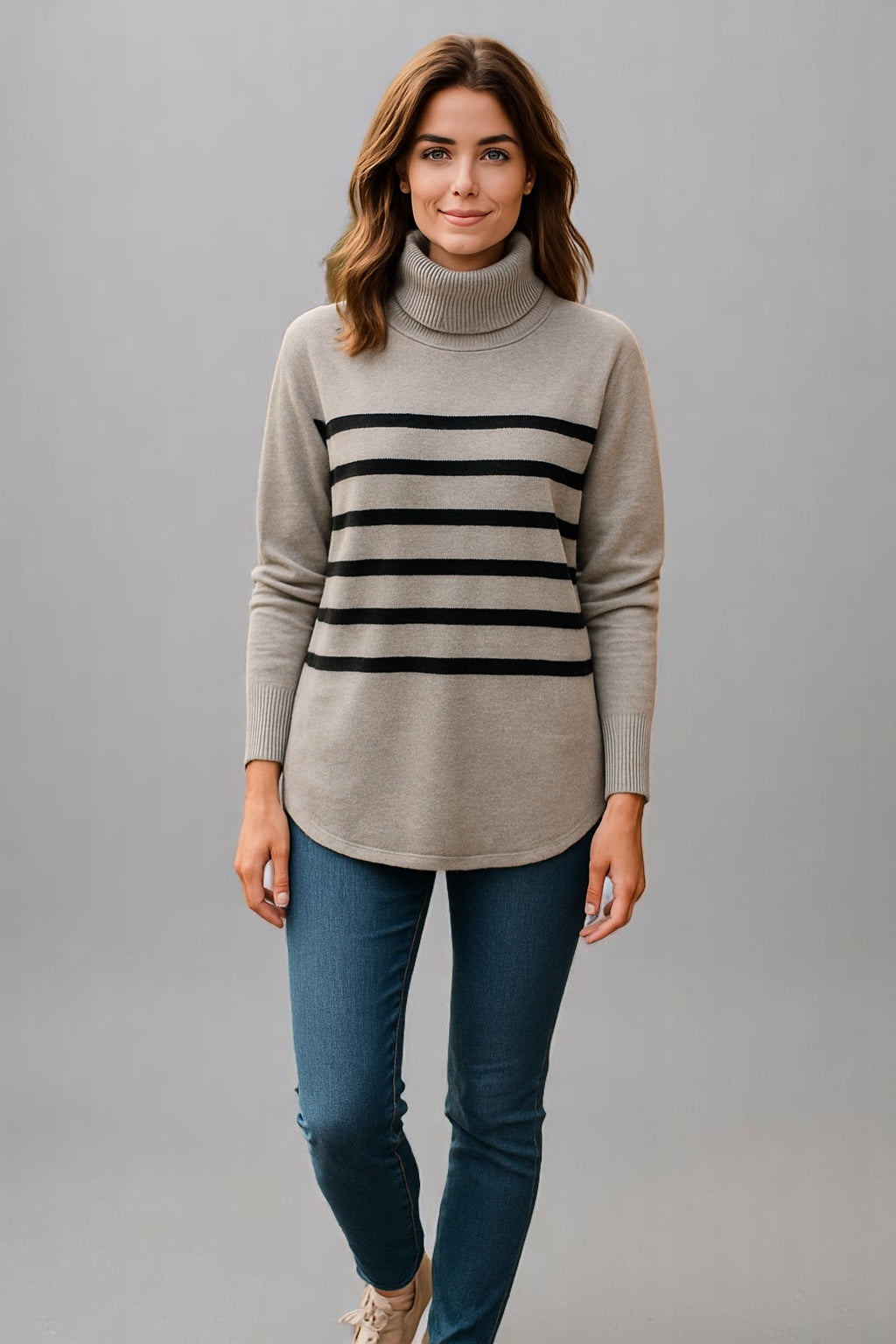 Roll Neck Sweater with Curved Hem and Striped Design