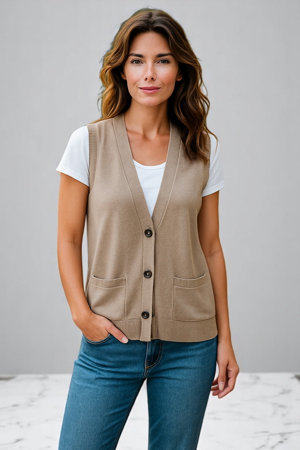 WOMENS CARDIGAN VEST WITH BUTTONS AND POCKETS