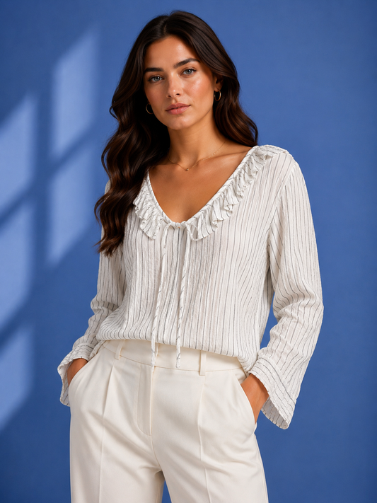 BELLA DAHL LONG SLEEVE TIE NECK RUFFLE TOP
