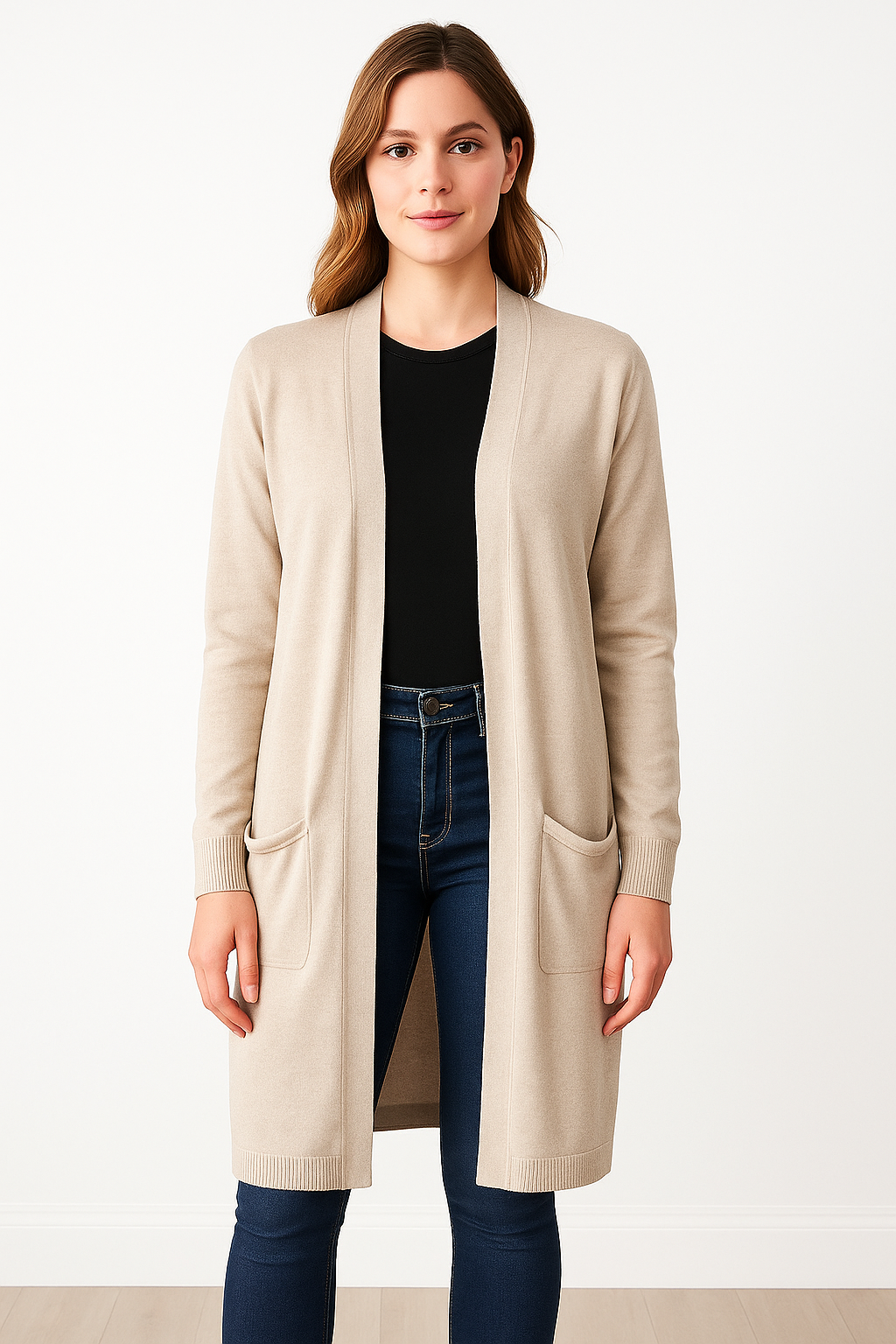 PURE CASHMERE LONGLINE OPEN CARDIGAN WITH POCKETS