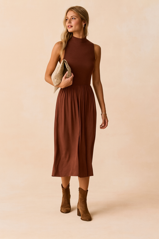 BELLA DAHL Sleeveless Mock Neck Mixed Dress- Redwood Brown