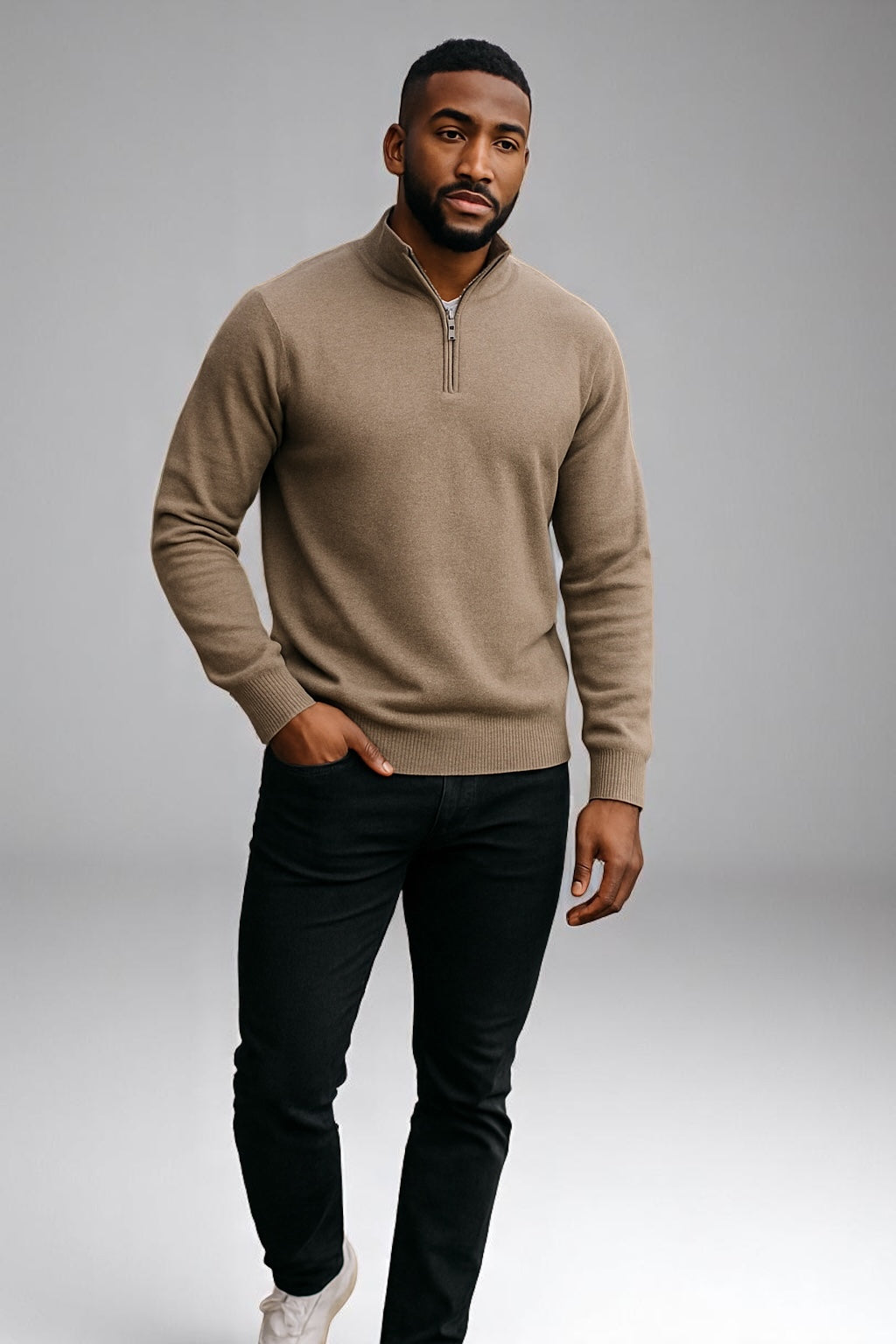 ANSETT Gold Cashmere merino Slim Fitted High Neck Half Zip