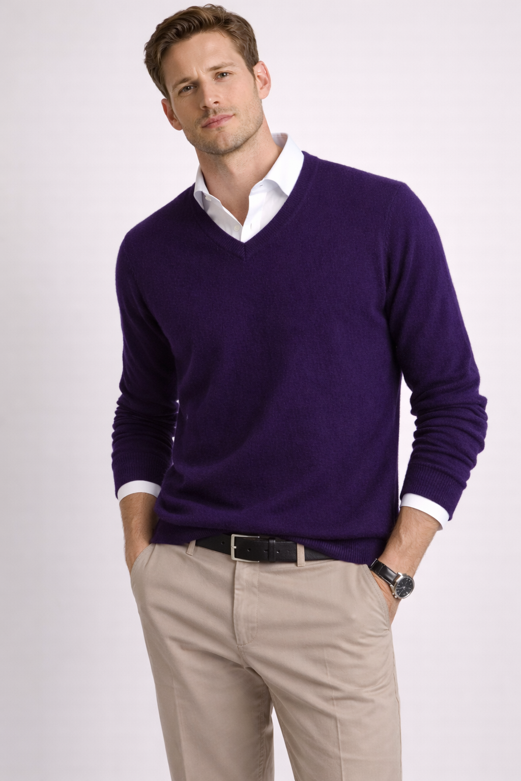 Men 100% Cashmere Vee Neck Pullover
