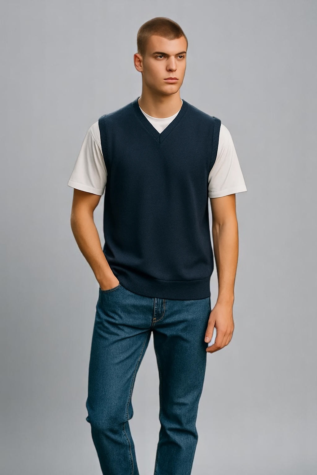 Pure Merino Wool Sleeveless Vest – Rib Basque Design