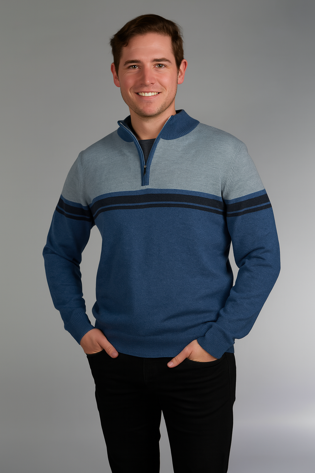 MERINO CASHMERE CONTRAST RIBBED 1/4 ZIP PULLOVER BRIDGE & LORD