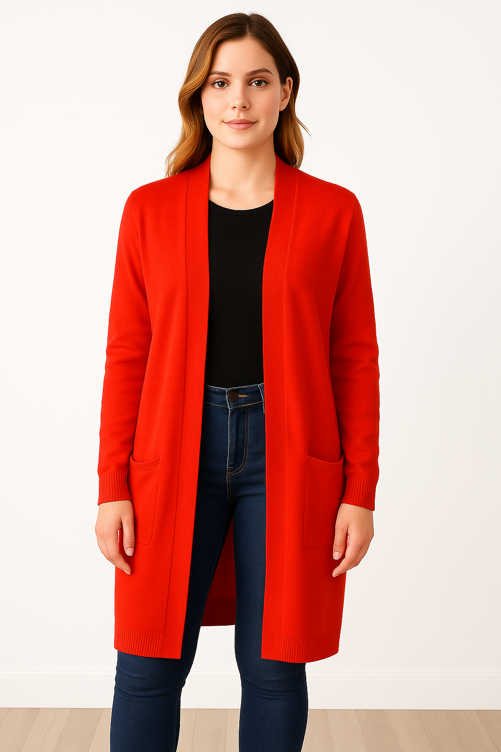 PURE CASHMERE LONGLINE OPEN CARDIGAN WITH POCKETS