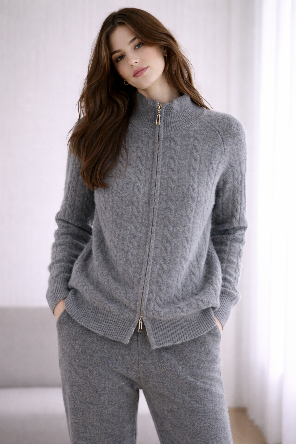 Two-Way Zip Up Cabled Cardigan