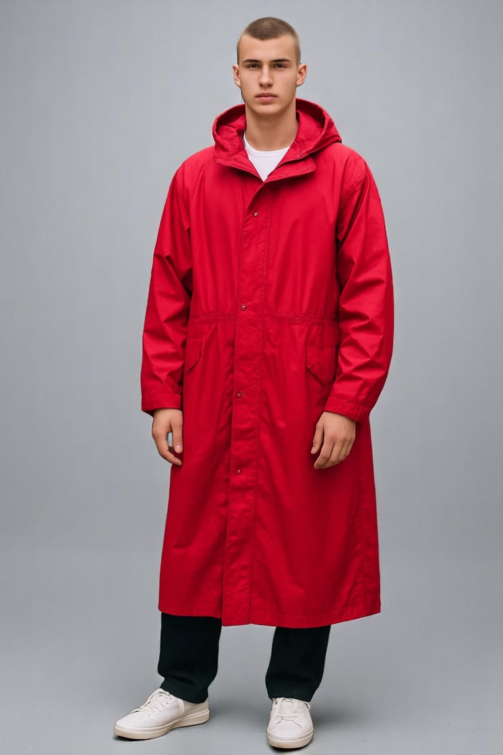 Long Rain Coat With Hood & Pockets