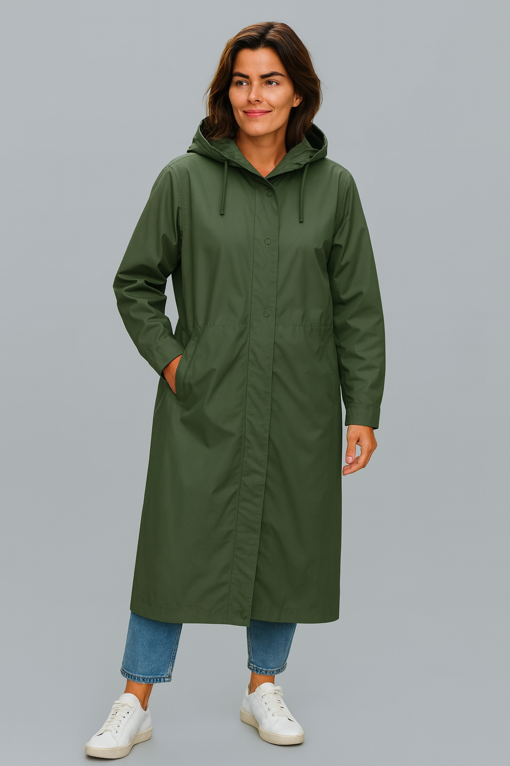 Long Rain coat with hood and pockets