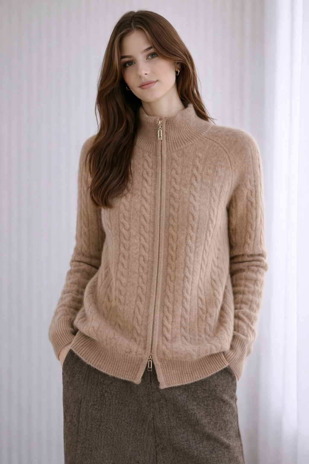 Two-Way Zip Up Cabled Cardigan