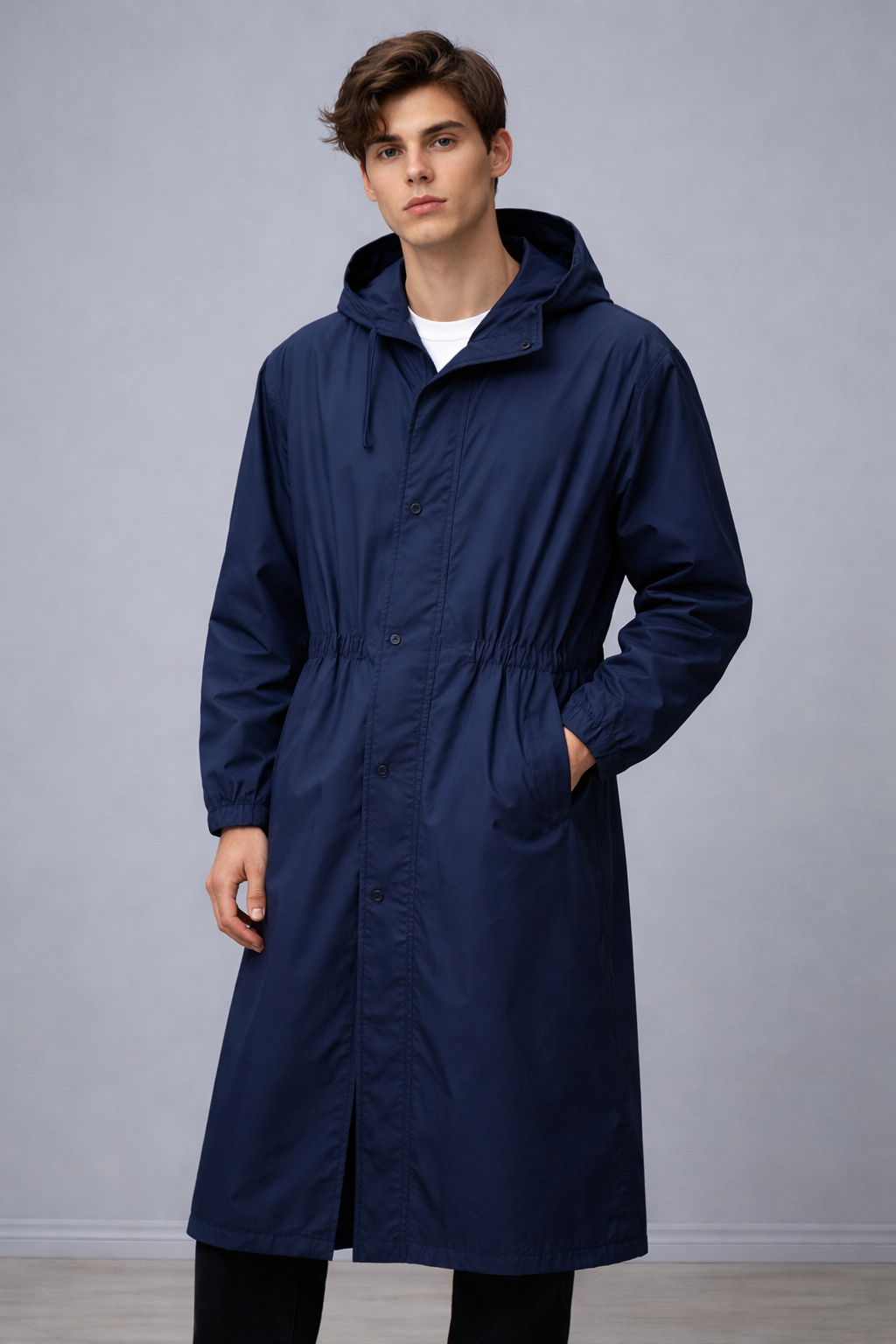Long Rain Coat With Hood & Pockets