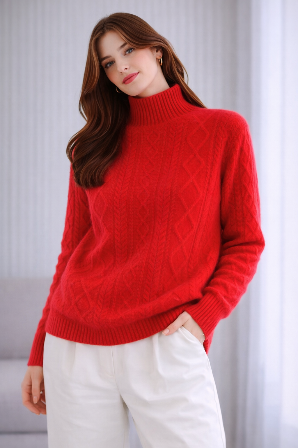 Pure Merino Wool Cabled Mock Neck