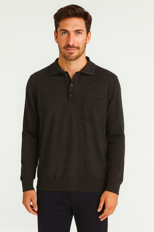 ANSETT Merino Wool Pullover with 3-Button Polo Collar and Front Pocket
