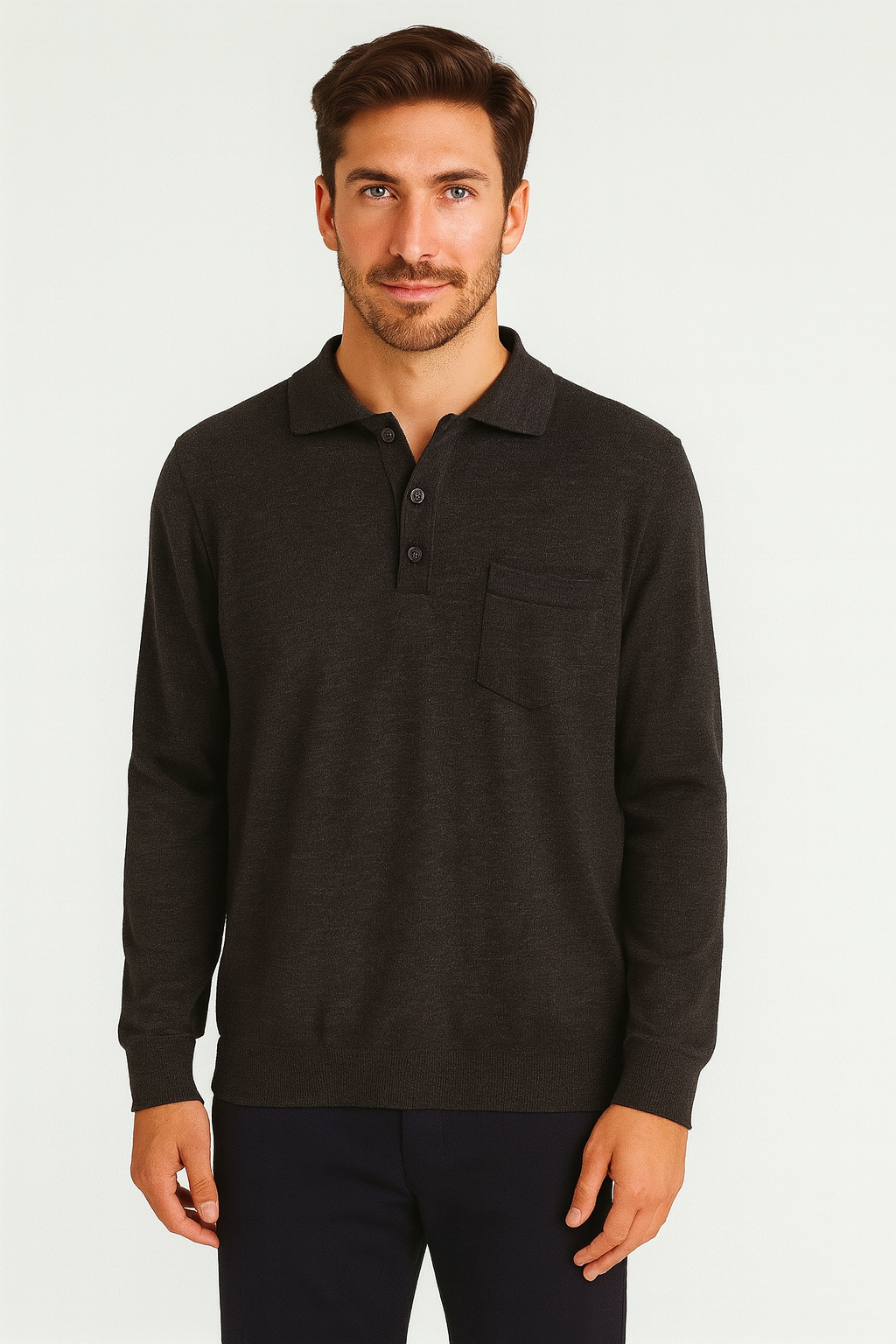 ANSETT Merino Wool Pullover with 3-Button Polo Collar and Front Pocket
