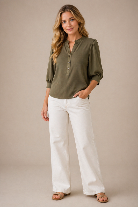 BELLA DAHL SHORT SLEEVE PLACKET MIXED SHIRT