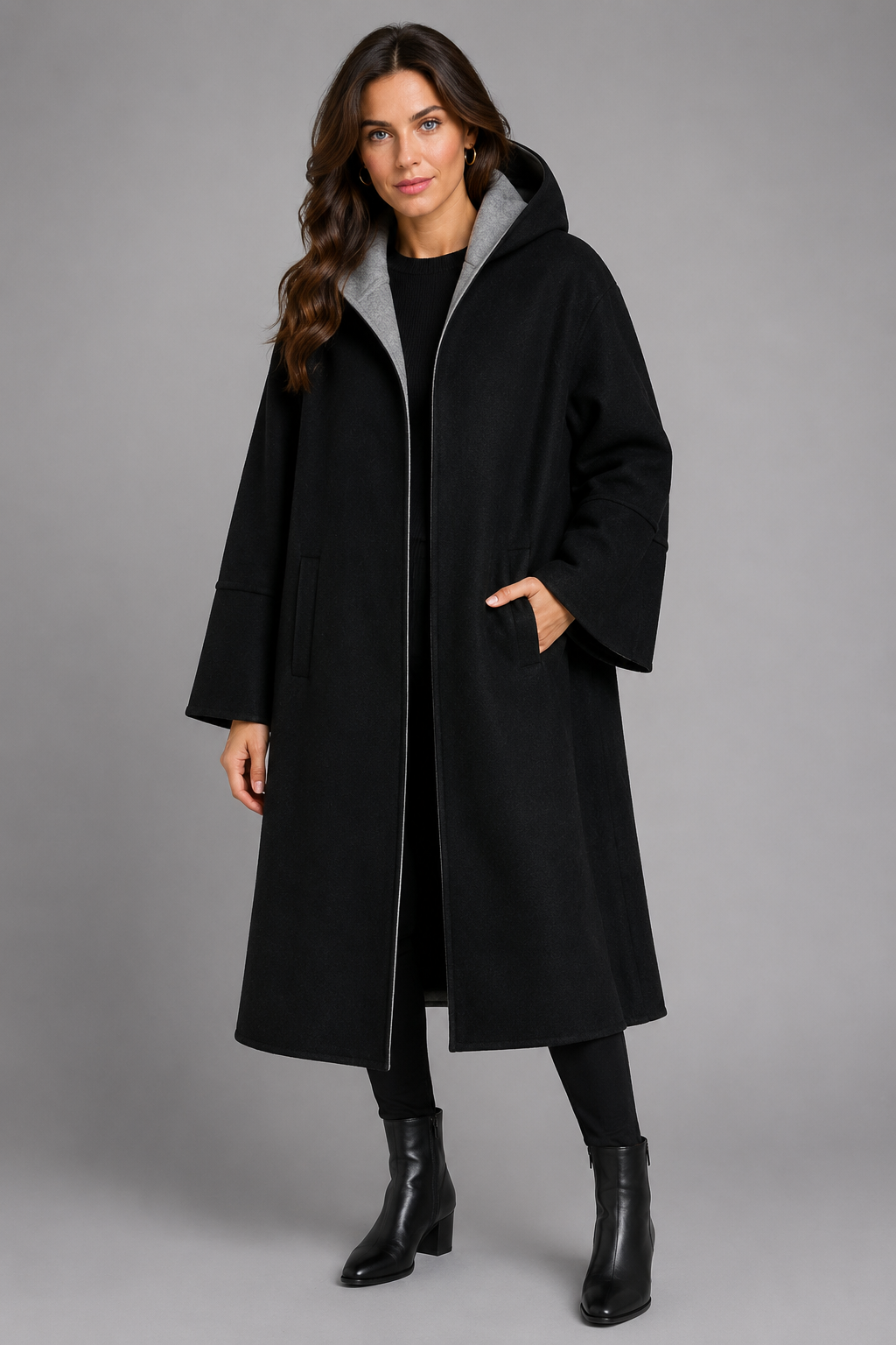 SABENA REVERSIBLE HOODED-UNLINED WOOL LONG JACKET