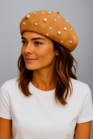 EXTRA FINE PURE WOOL BERET HAT WITH PEARLS