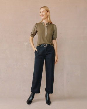 BELLA DAHL SHORT SLEEVE PLACKET MIXED SHIRT