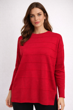 BELLA CURVE HEM CREW NECK WITH LINES PURE WOOL