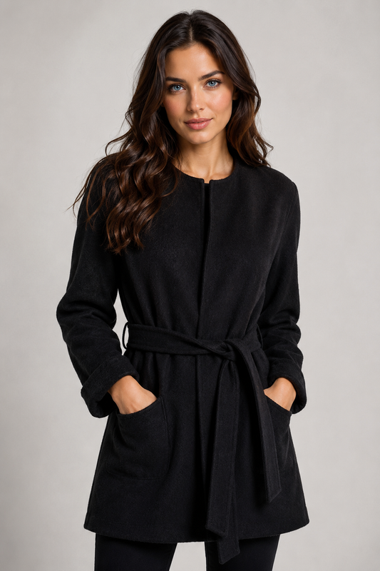 Long Coat with Waist Tie - Boiled Wool