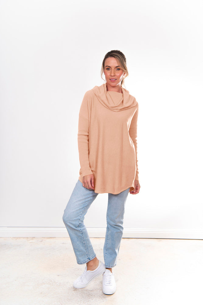 ESSENTIAL CURVED HEM COWL NECK PULLOVER