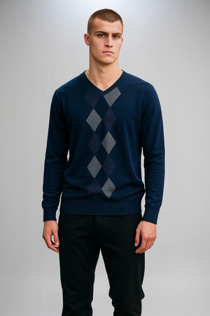 Argyle Pure Merino Wool V neck Jumper Fields Knitwear