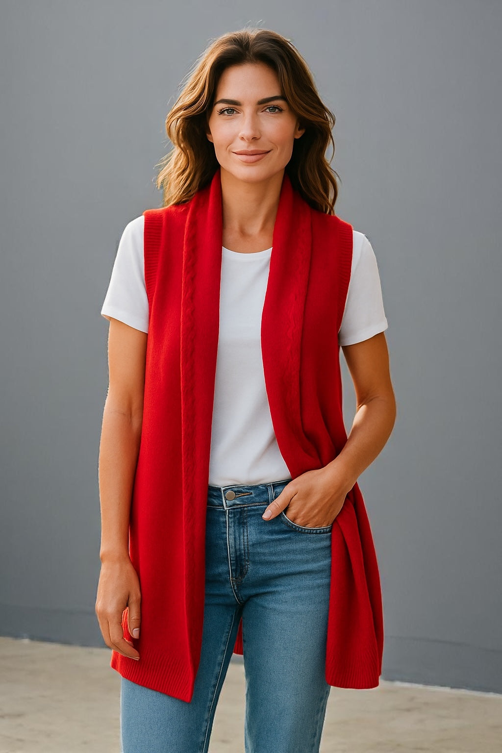Ribbed Front Wool Blend Open Vest