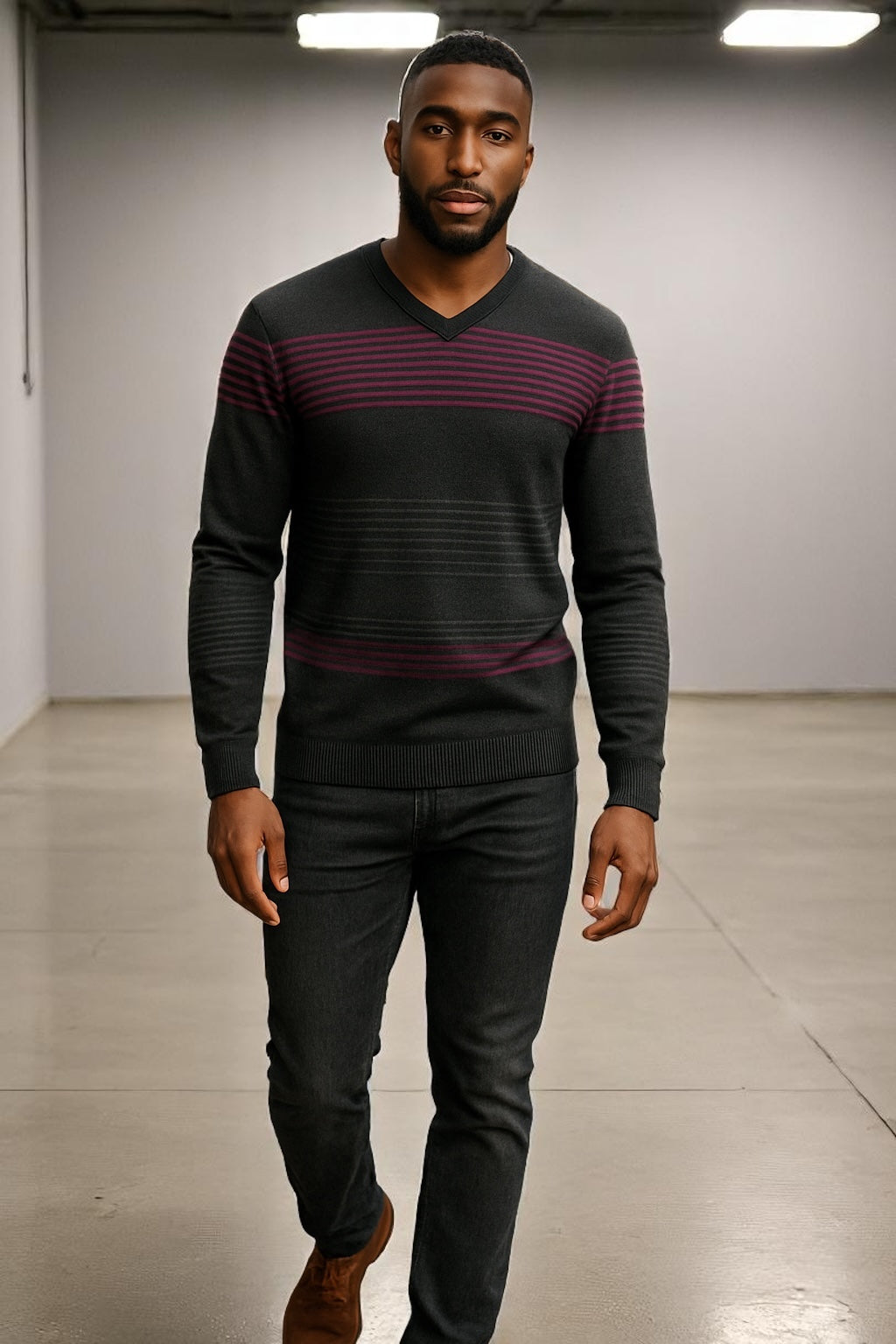 V neck with lines pattern- pure merino fields knitwear