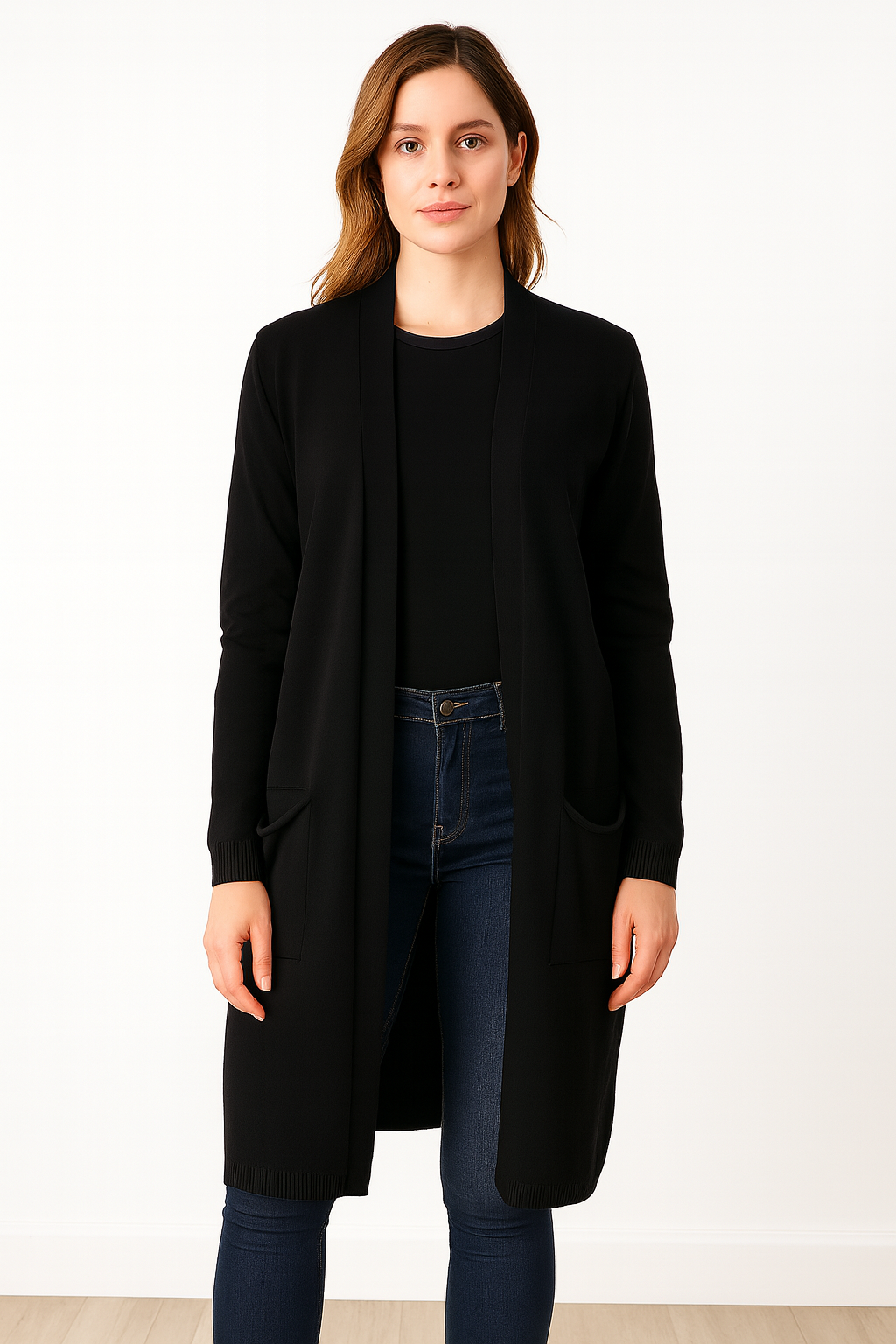 PURE CASHMERE LONGLINE OPEN CARDIGAN WITH POCKETS