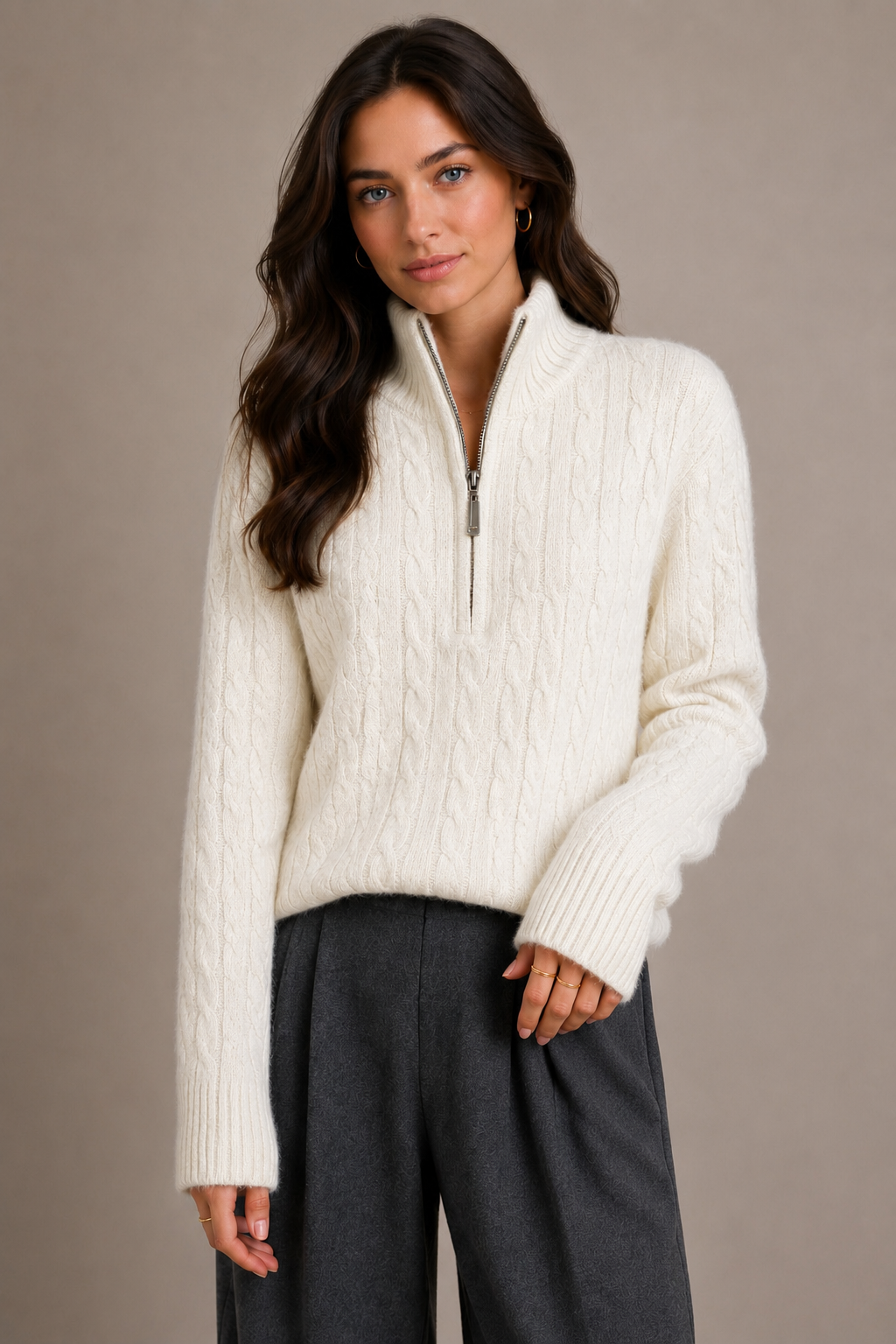 Pure Merino Wool Half Zip Cable Pullover