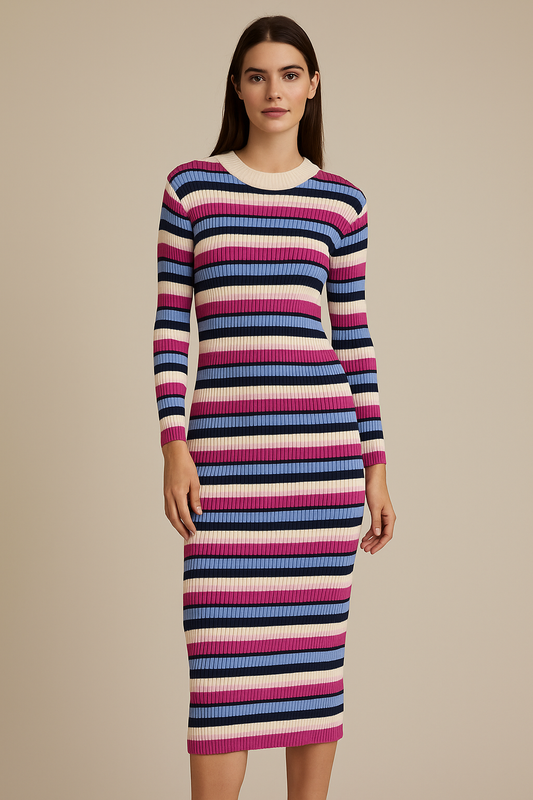 RICH & ROYAL KNITTED MULTICOLOURED STRIPED MAXI DRESS
