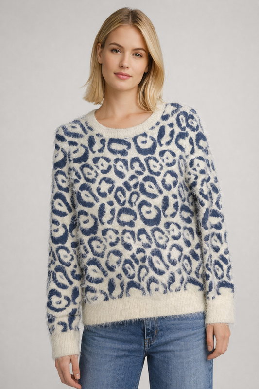 Fluffy Crew Neck Animal Print Pullover