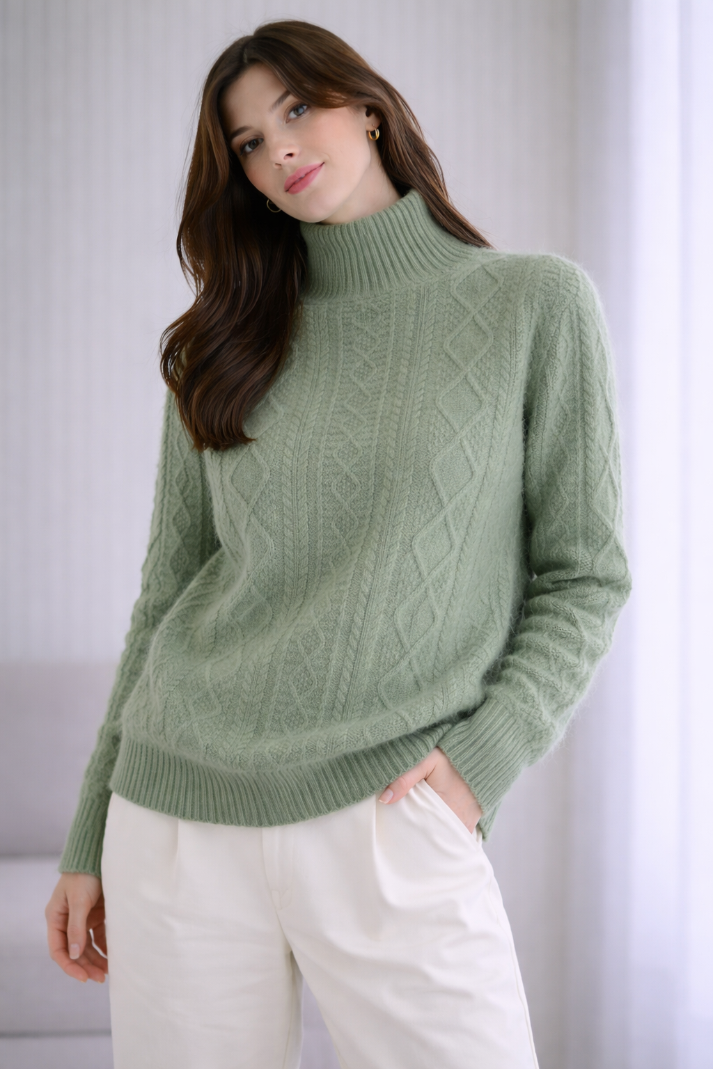 Pure Merino Wool Cabled Mock Neck