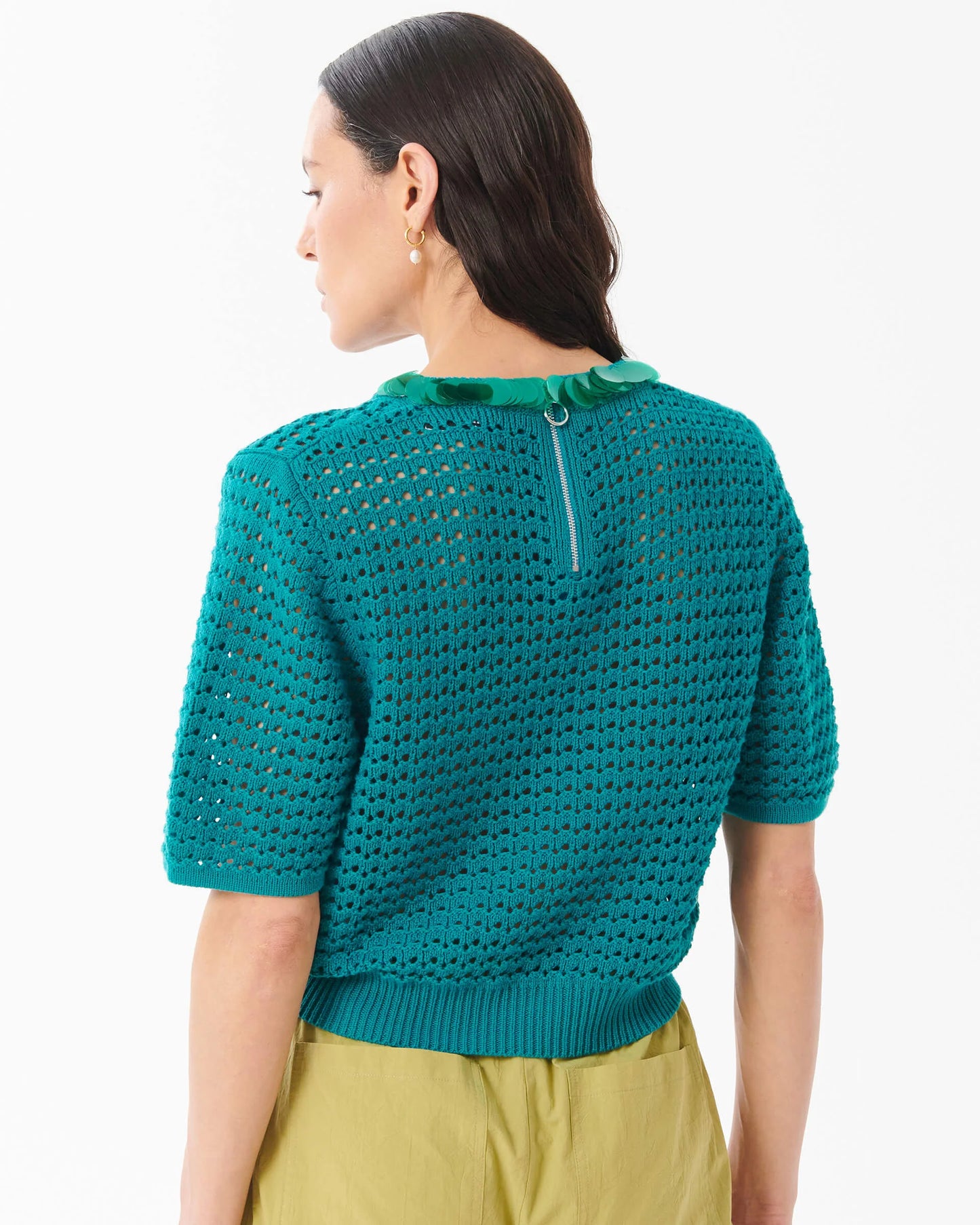 PERFORATED KNIT T-SHIRT WITH MACRO SEQUIN COLLAR