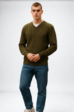 ANSETT PURE WOOL V-NECK CABLE PULLOVER