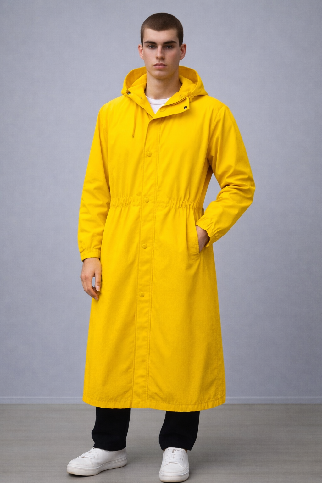 Long Rain Coat With Hood & Pockets