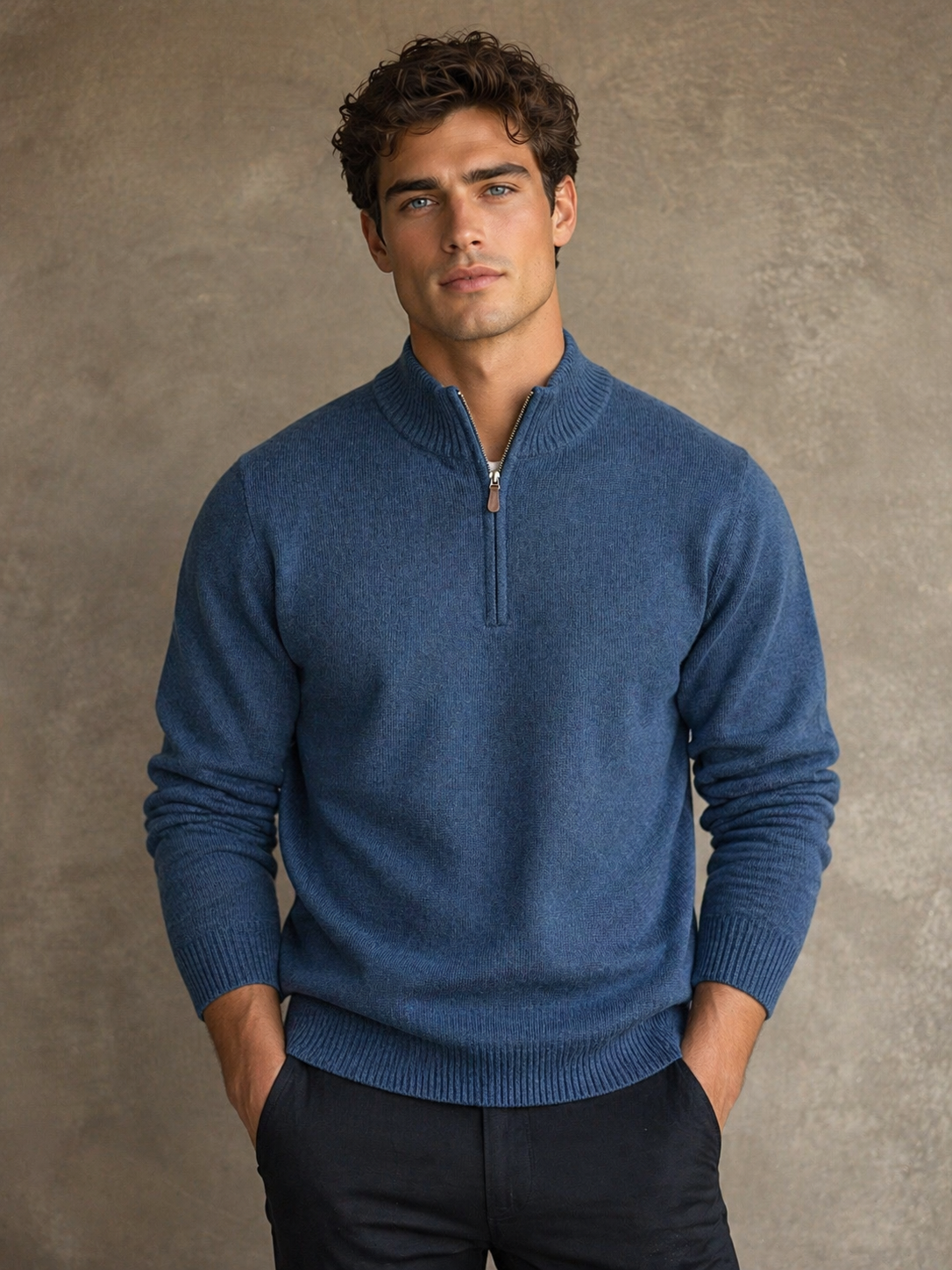 ANSETT Gold Cashmere merino Slim Fitted High Neck Half Zip