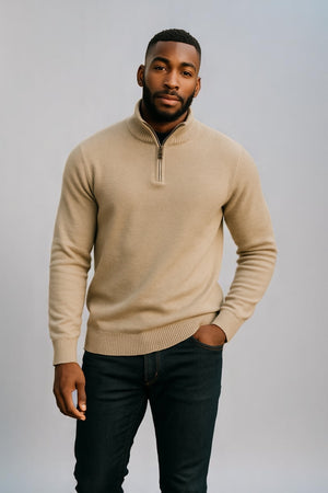 ANSETT Gold Cashmere merino Slim Fitted High Neck Half Zip