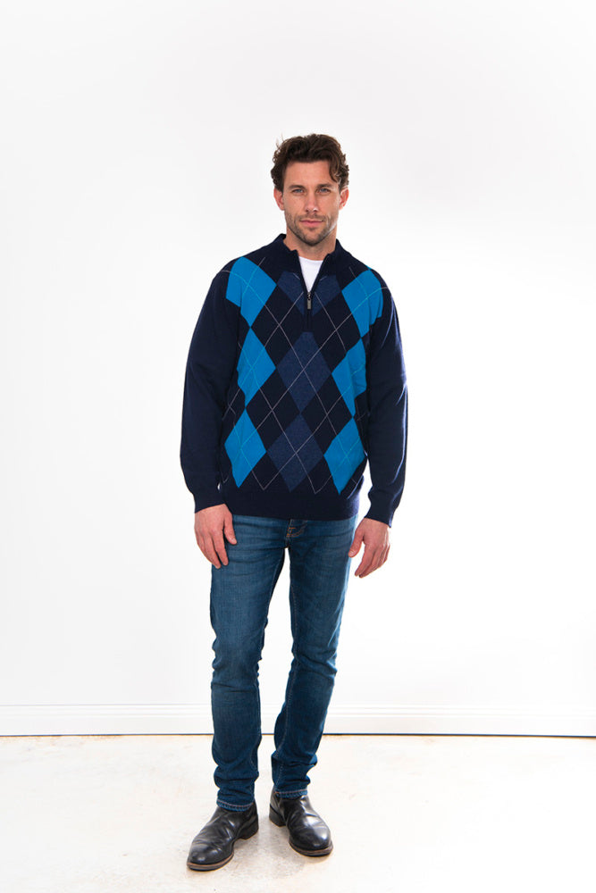 ARGYLE 1/4 ZIP PULLOVER CASHMERE MERINO SIZE L ONLY