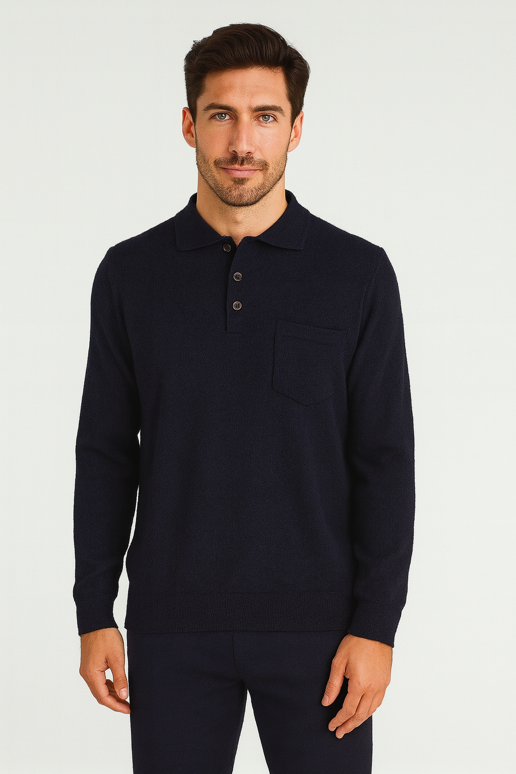 ANSETT Merino Wool Pullover with 3-Button Polo Collar and Front Pocket
