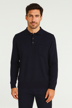ANSETT Merino Wool Pullover with 3-Button Polo Collar and Front Pocket