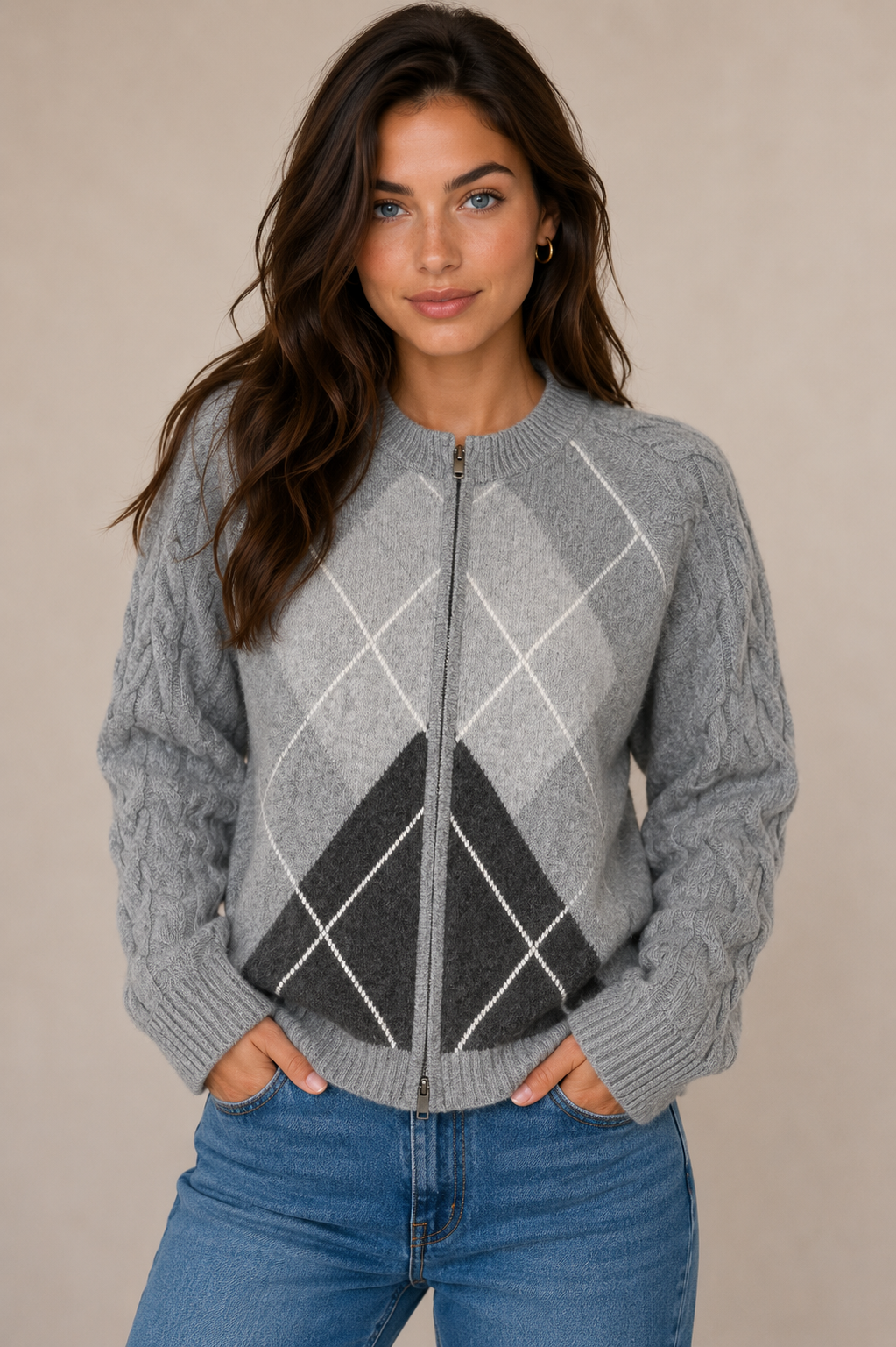 PURE MERINO TWO WAY FULL ZIP ARGYLE JACKET