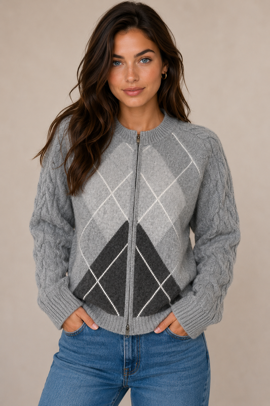 PURE MERINO TWO WAY FULL ZIP ARGYLE JACKET