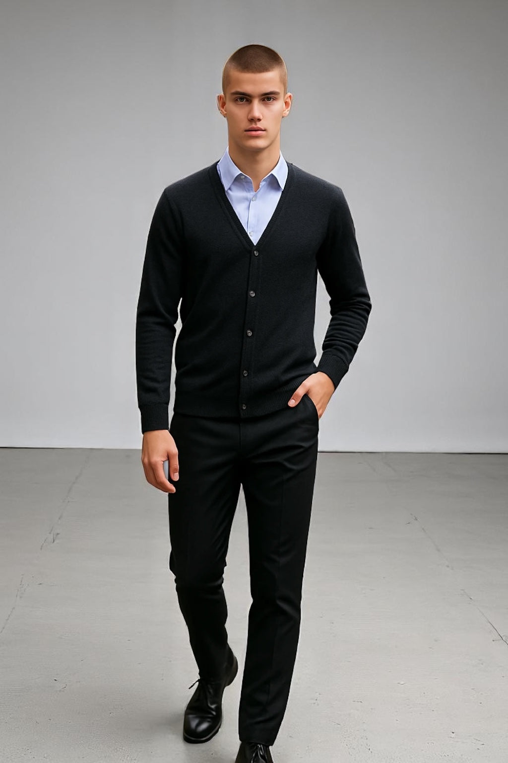 MTF MEN DEEP VEE LONG SLEEVE CARDIGAN EXTRA FINE MERINO