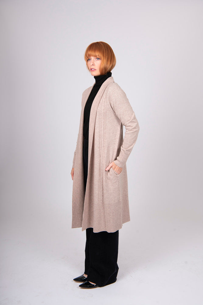 LONG LINE CABLE RIB TRIM CARDIGAN
