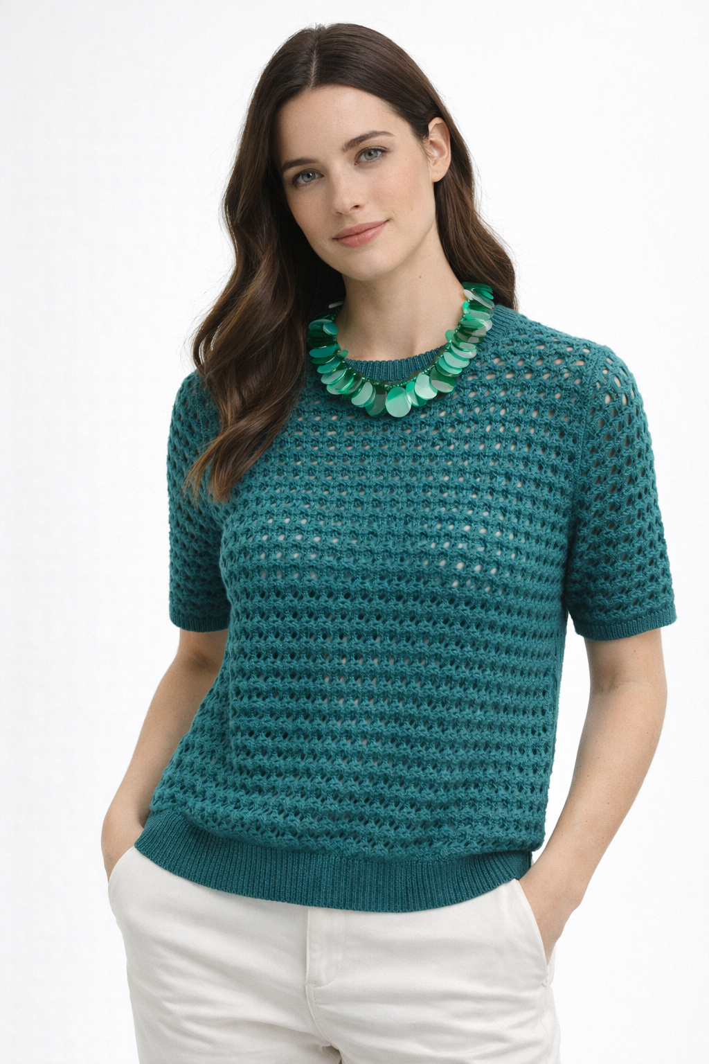 PERFORATED KNIT T-SHIRT WITH MACRO SEQUIN COLLAR