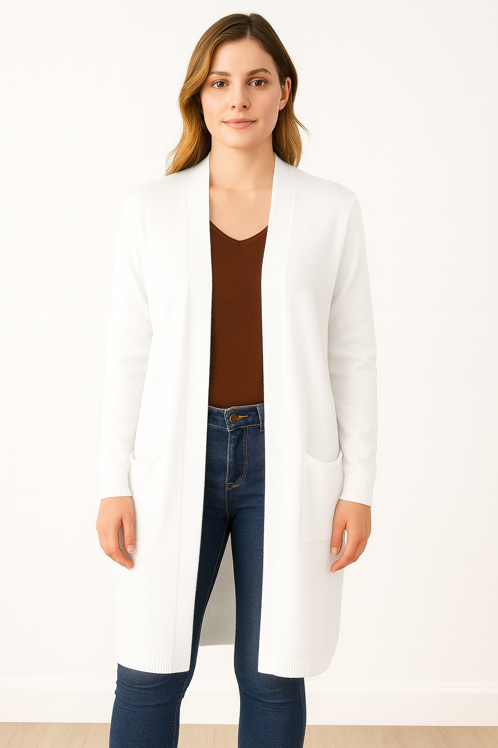 PURE CASHMERE LONGLINE OPEN CARDIGAN WITH POCKETS