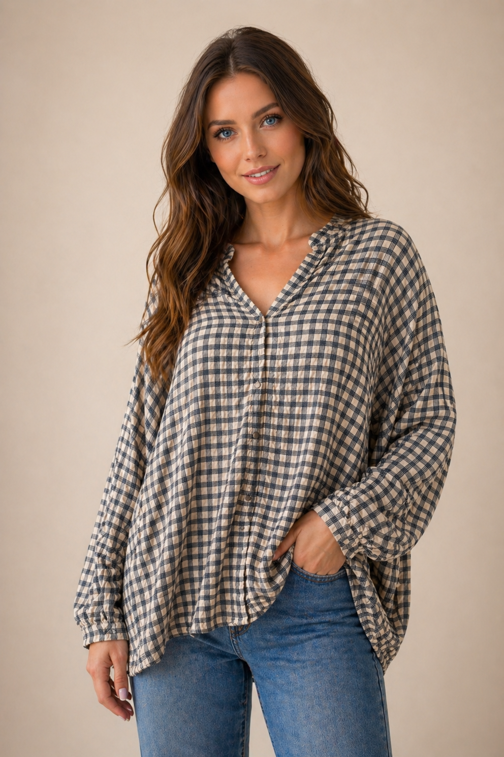 BELLA DAHL SHIRRED MANDARIN COLLAR SHIRT