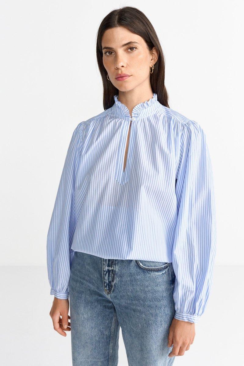 RICH & ROYAL RUFFLED NECK BLUE AND WHITE STRIPED BLOUSE
