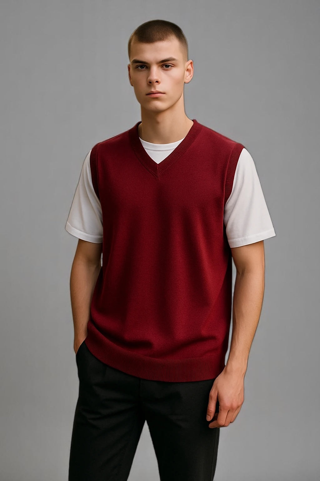 Pure Merino Wool Sleeveless Vest – Rib Basque Design
